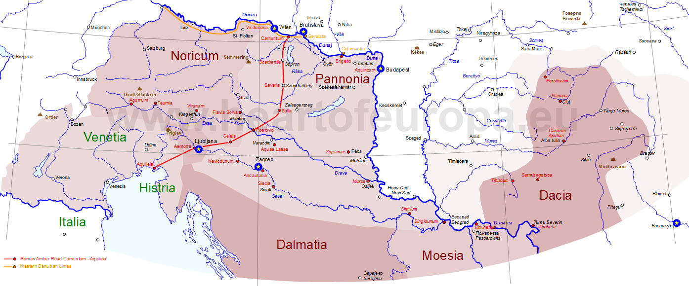 Map Imperium Romanum in the Heart of Europa - Roman Empire Provinces - Pannonia - Noricum - Dacia - Dalmatia - Moesia - Histria